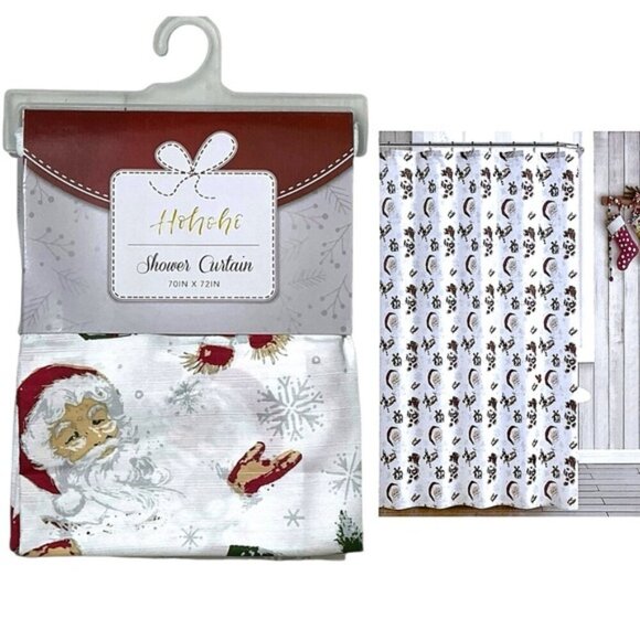 Holiday Shower Curtin Fabric Santa Snowman Christmas Bath Decor 70 x 72 Inch - Picture 1 of 16